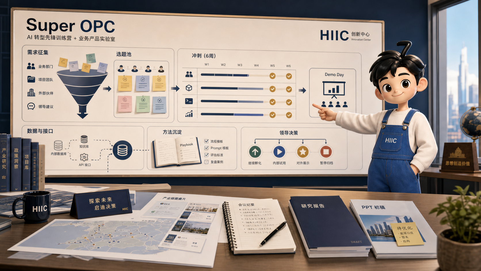 小七站在超级 OPC 作战板旁，展示需求征集、选题池、冲刺节奏、Demo 评审和方法沉淀